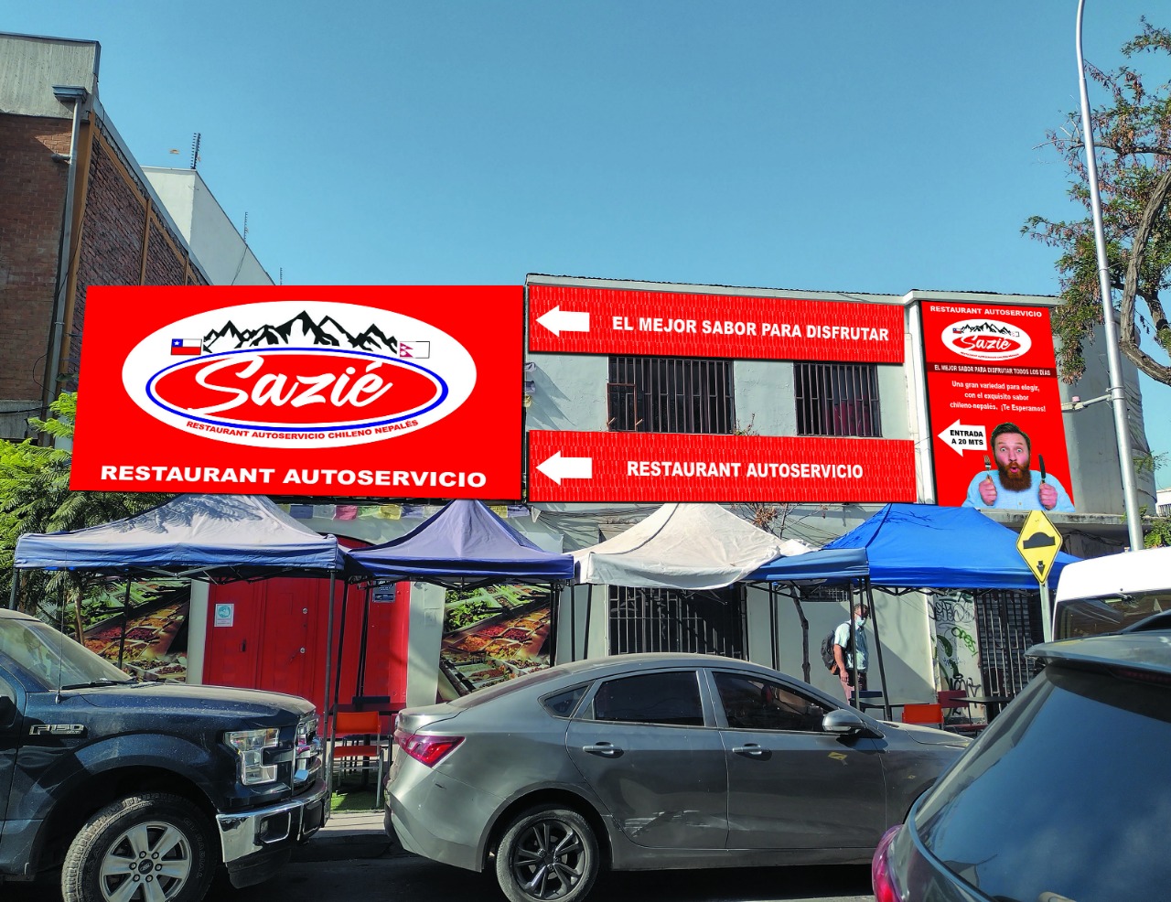 Fachada publicitaria con letreros panaflex retroiluminados - Restaurant Sazié